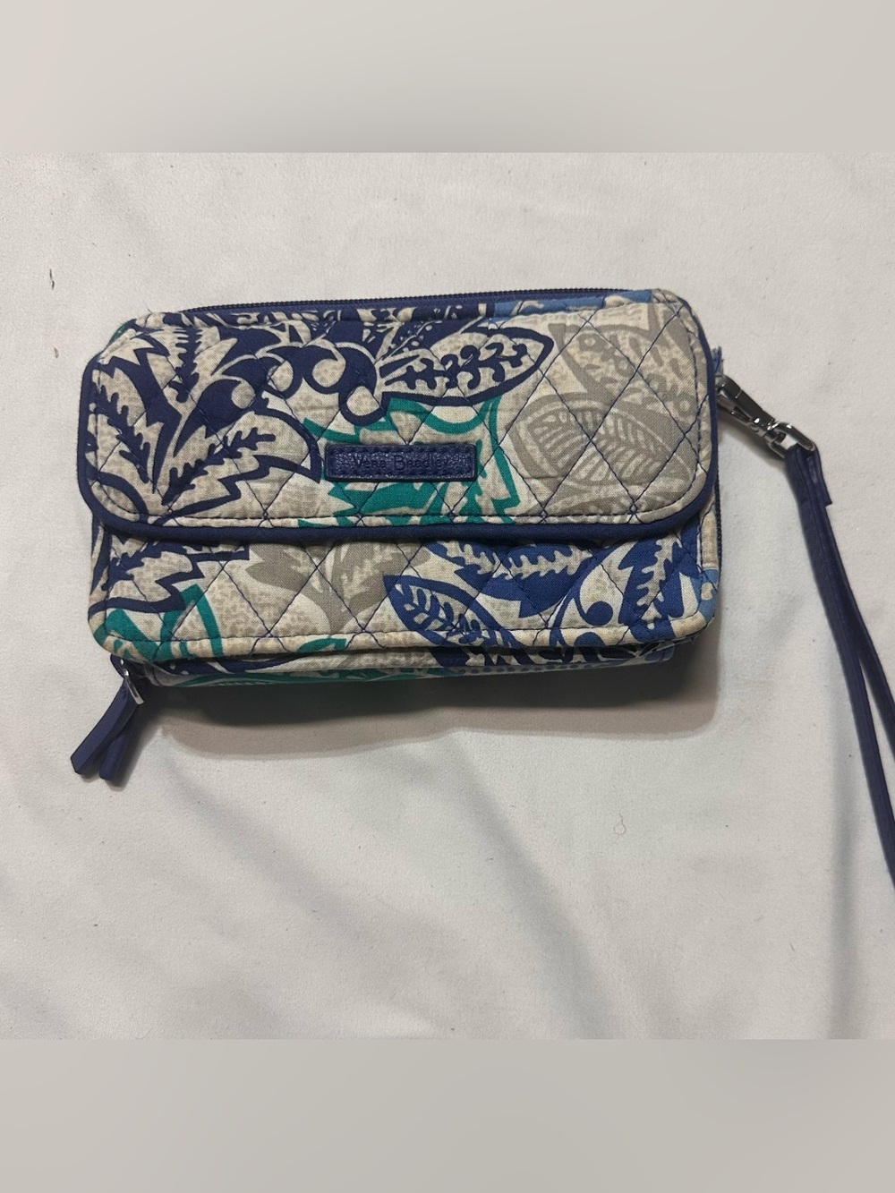 Vera Bradley Quilted Floral Wristlet in Navy, Teal & Cream